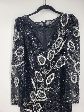 Nadine Vintage Elegant Black Sequin Asymmetrical Dress Silver Floral Sequins 8